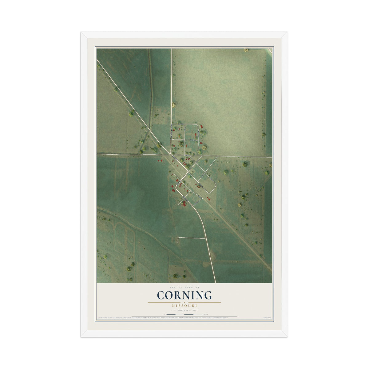 Map of Corning, Missouri, 12 x 18 inch print in a white wood frame