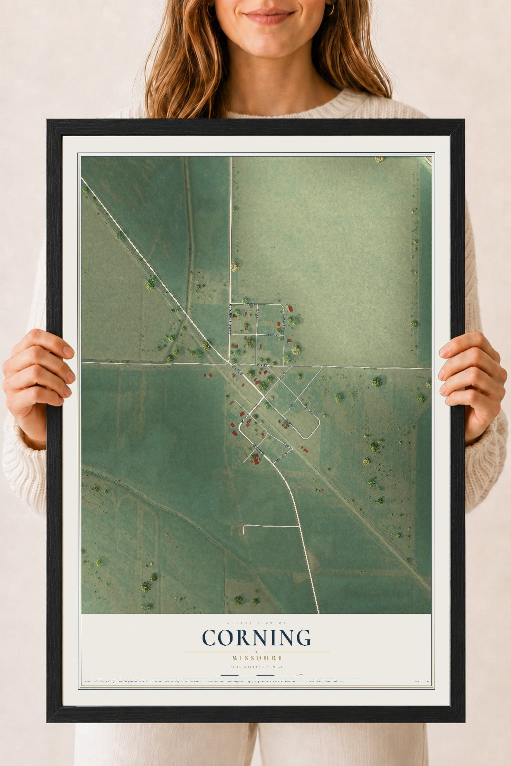 Map of Corning, Missouri, 18 x 24 inch print in a black wood frame