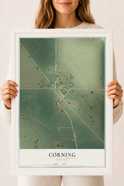 Map of Corning, Missouri, 18 x 24 inch print in a white wood frame