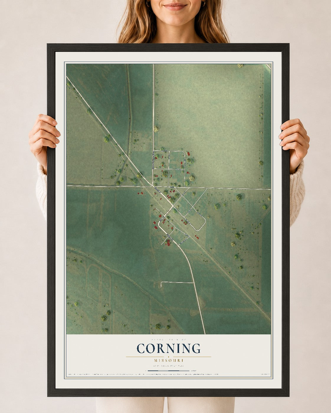 Map of Corning, Missouri, 24 x 36 inch print in a black wood frame