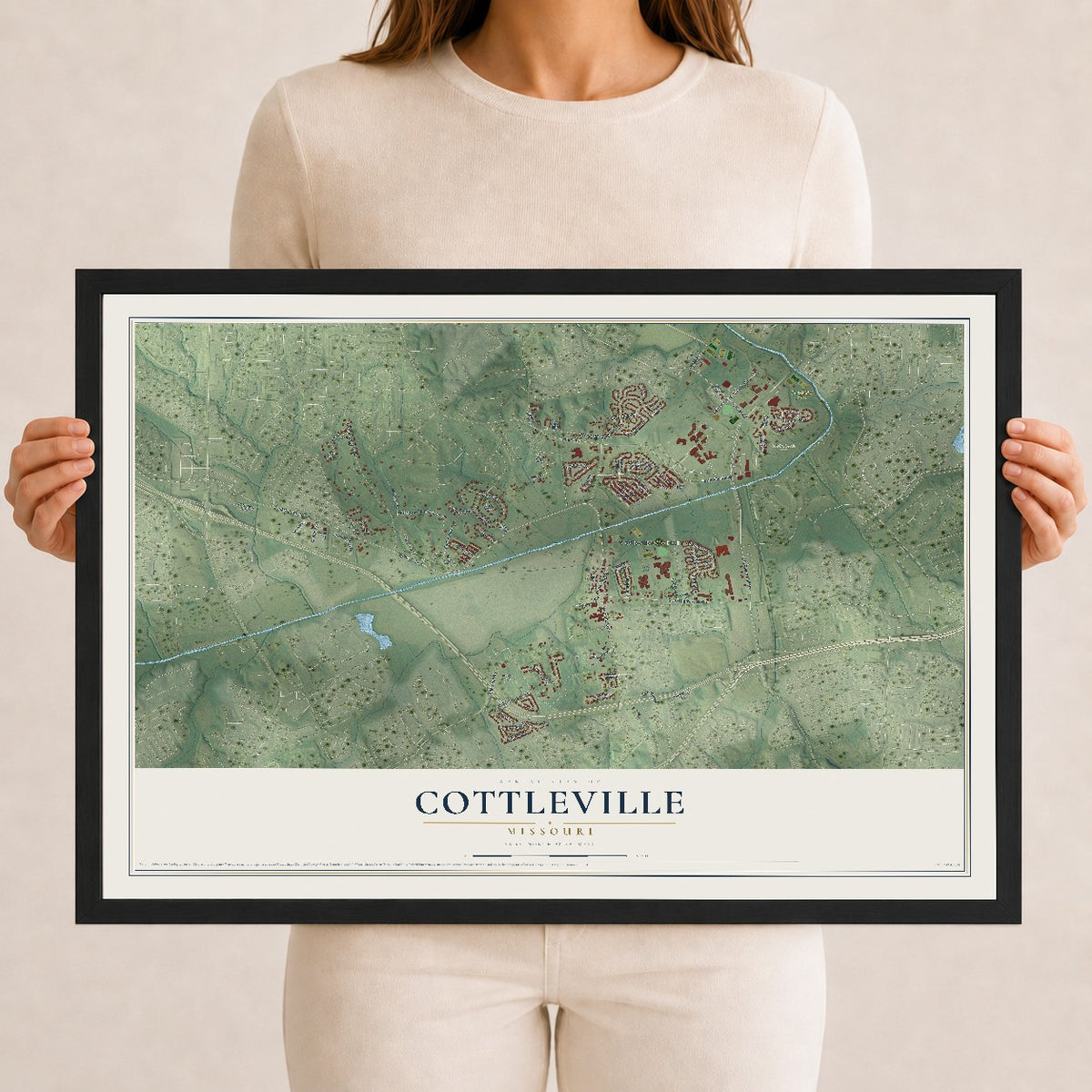 Map of Cottleville, Missouri, 12 x 18 inch print in a black wood frame