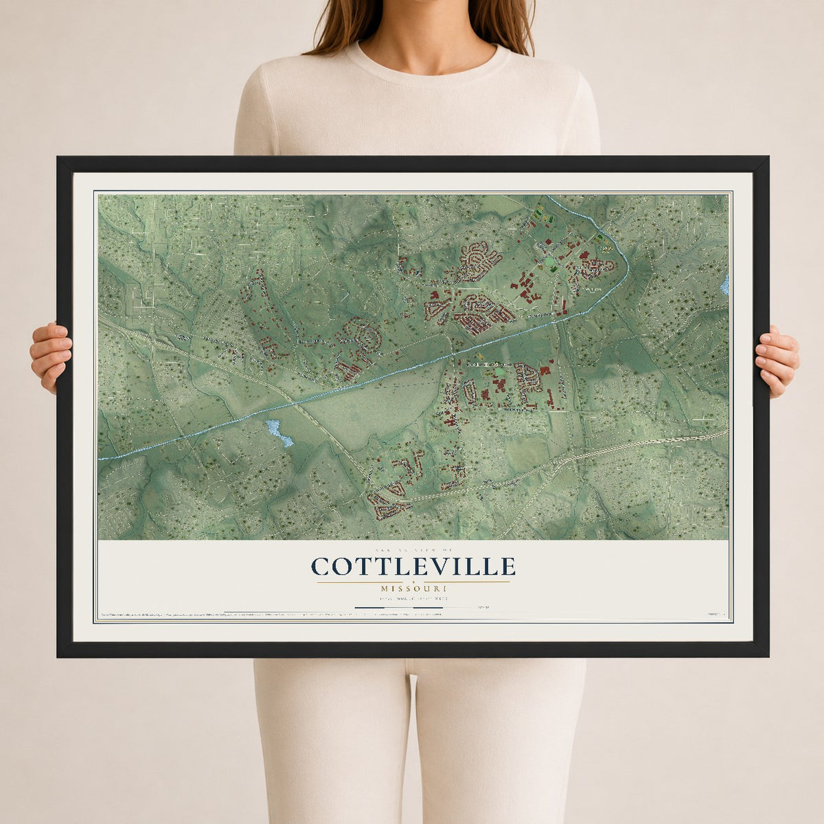 Map of Cottleville, Missouri, 24 x 36 inch print in a black wood frame