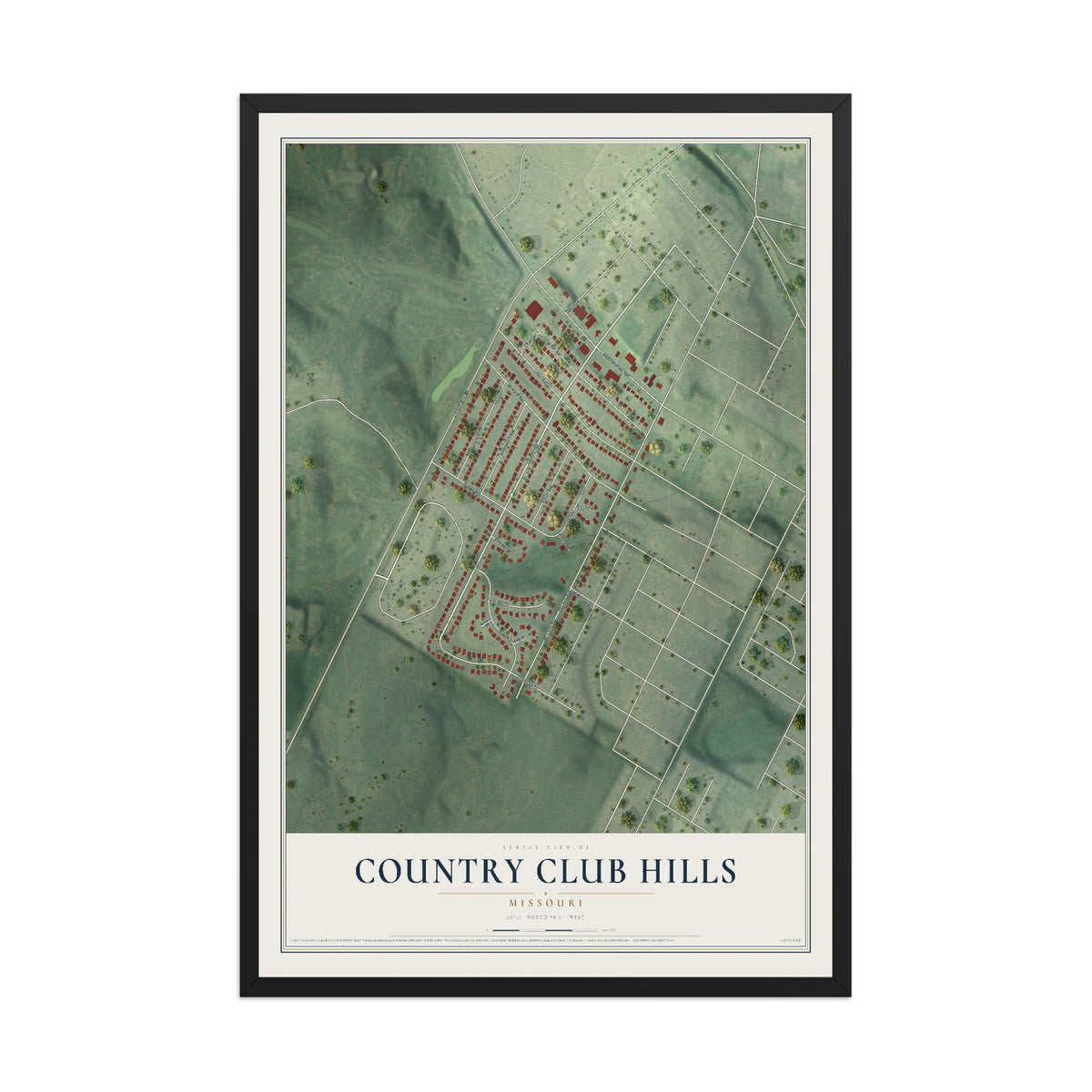 Map of Country Club Hills, Missouri, 12 x 18 inch print in a black wood frame