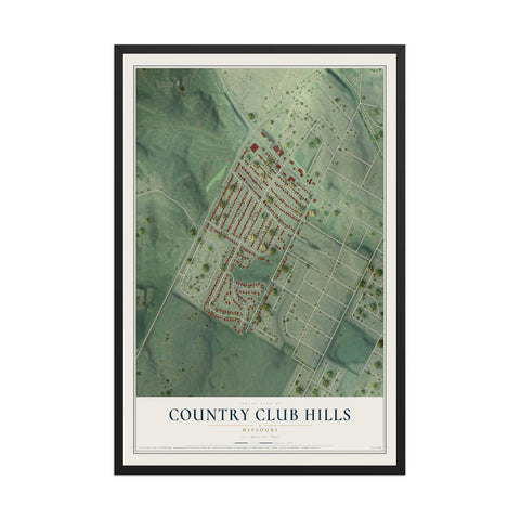 Map of Country Club Hills, Missouri, 12 x 18 inch print in a black wood frame