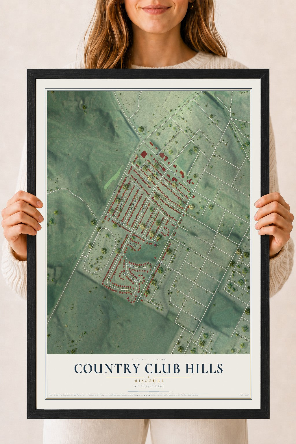 Map of Country Club Hills, Missouri, 18 x 24 inch print in a black wood frame