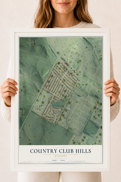 Map of Country Club Hills, Missouri, 18 x 24 inch print in a white wood frame