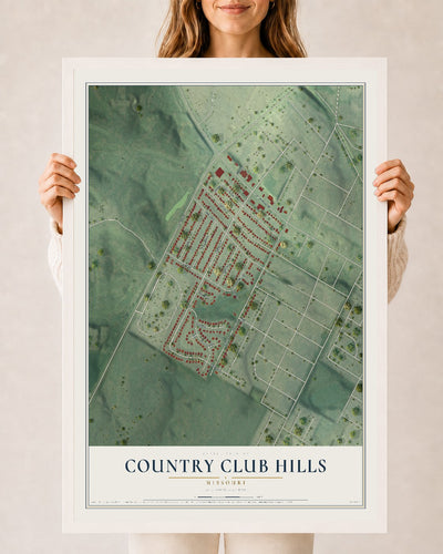 Map of Country Club Hills, Missouri, 24 x 36 inch print in a white wood frame
