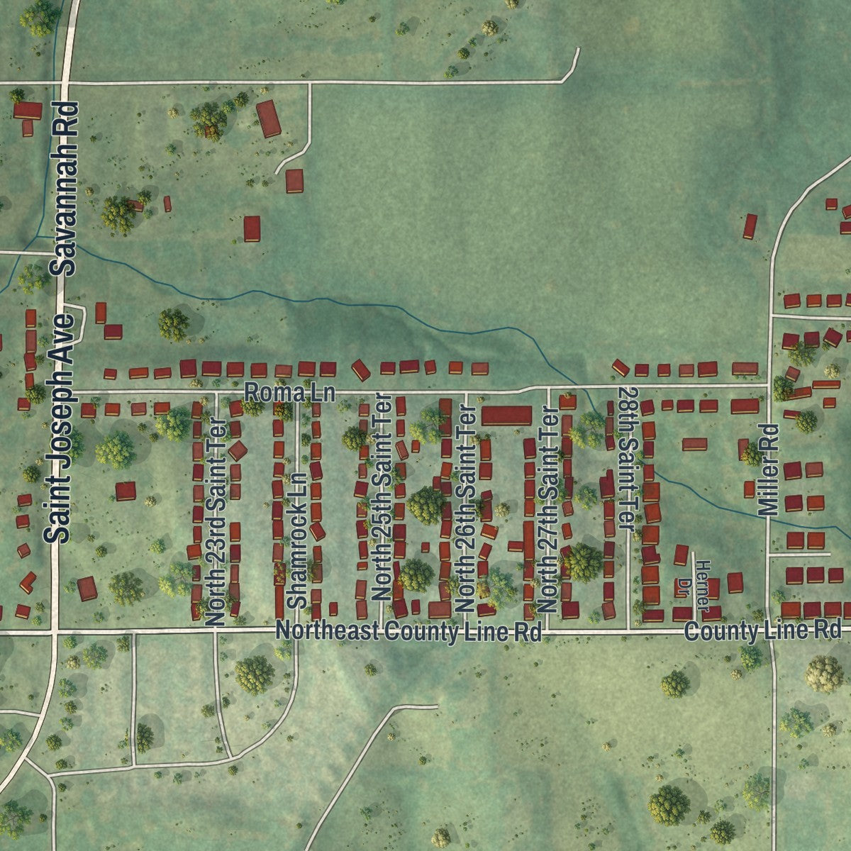 Second close-up of the map of Country Club, Missouri print showing more streets and buildings
