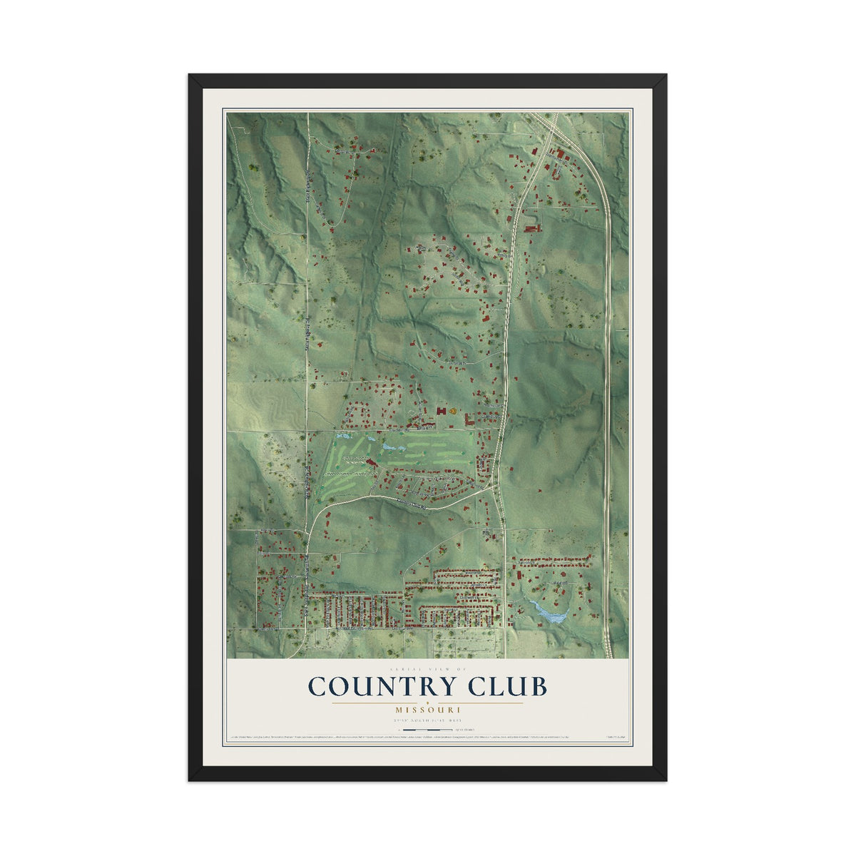 Map of Country Club, Missouri, 12 x 18 inch print in a black wood frame