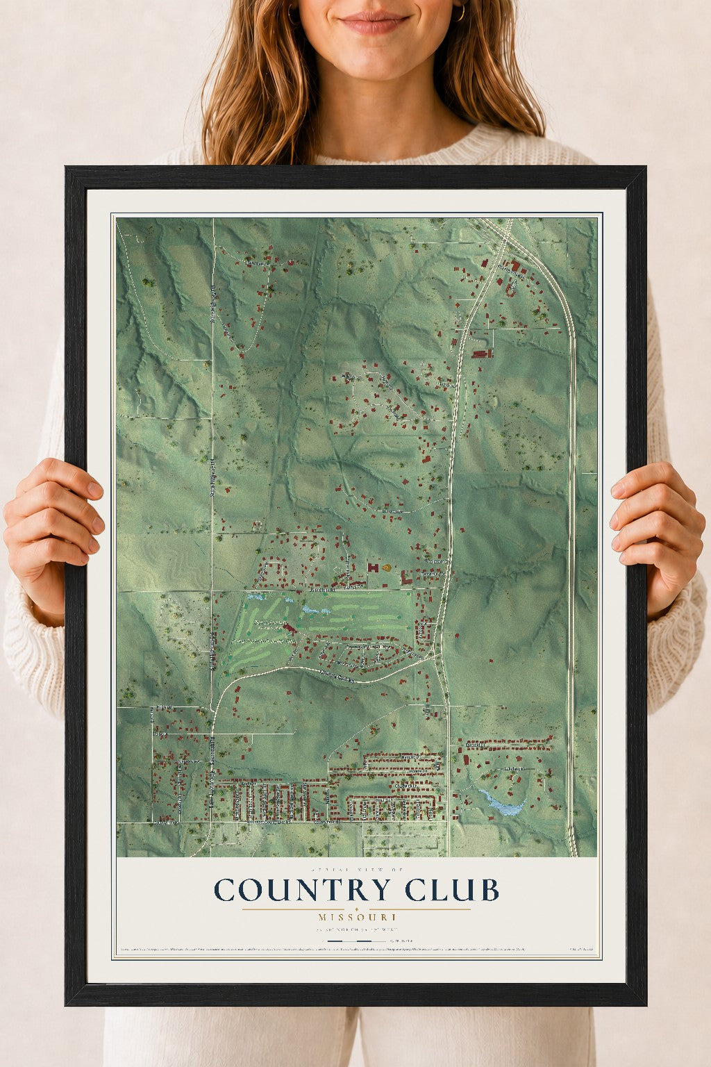 Map of Country Club, Missouri, 18 x 24 inch print in a black wood frame
