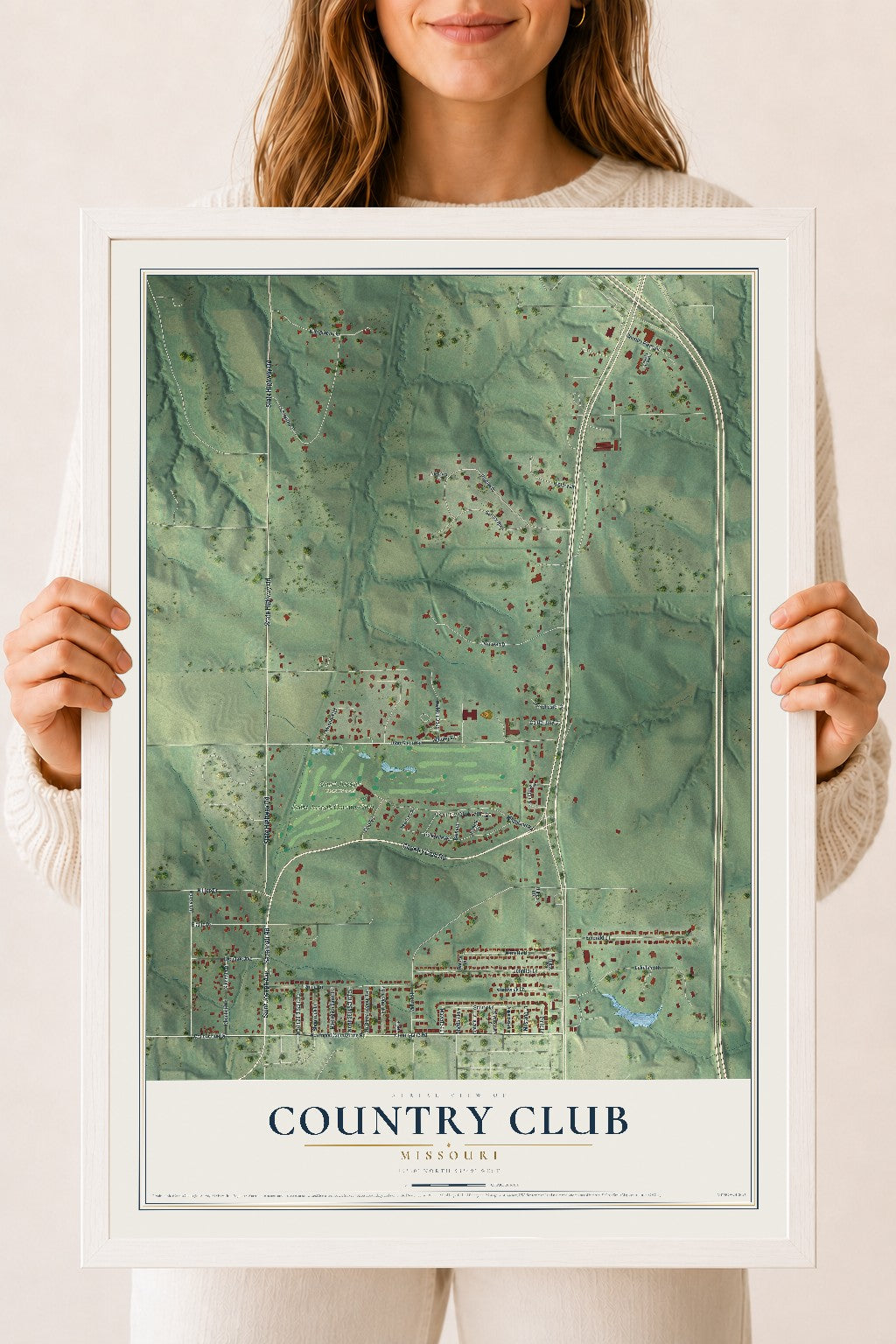 Map of Country Club, Missouri, 18 x 24 inch print in a white wood frame