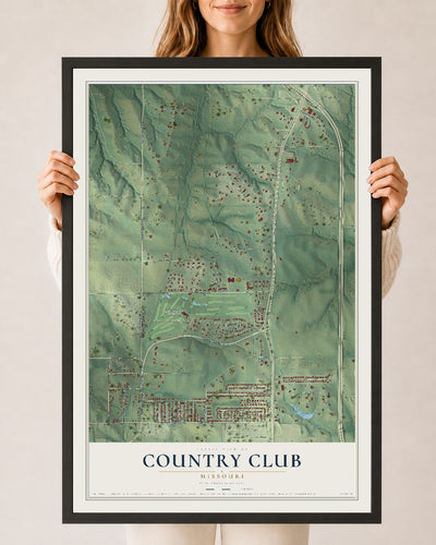 Map of Country Club, Missouri, 24 x 36 inch print in a black wood frame