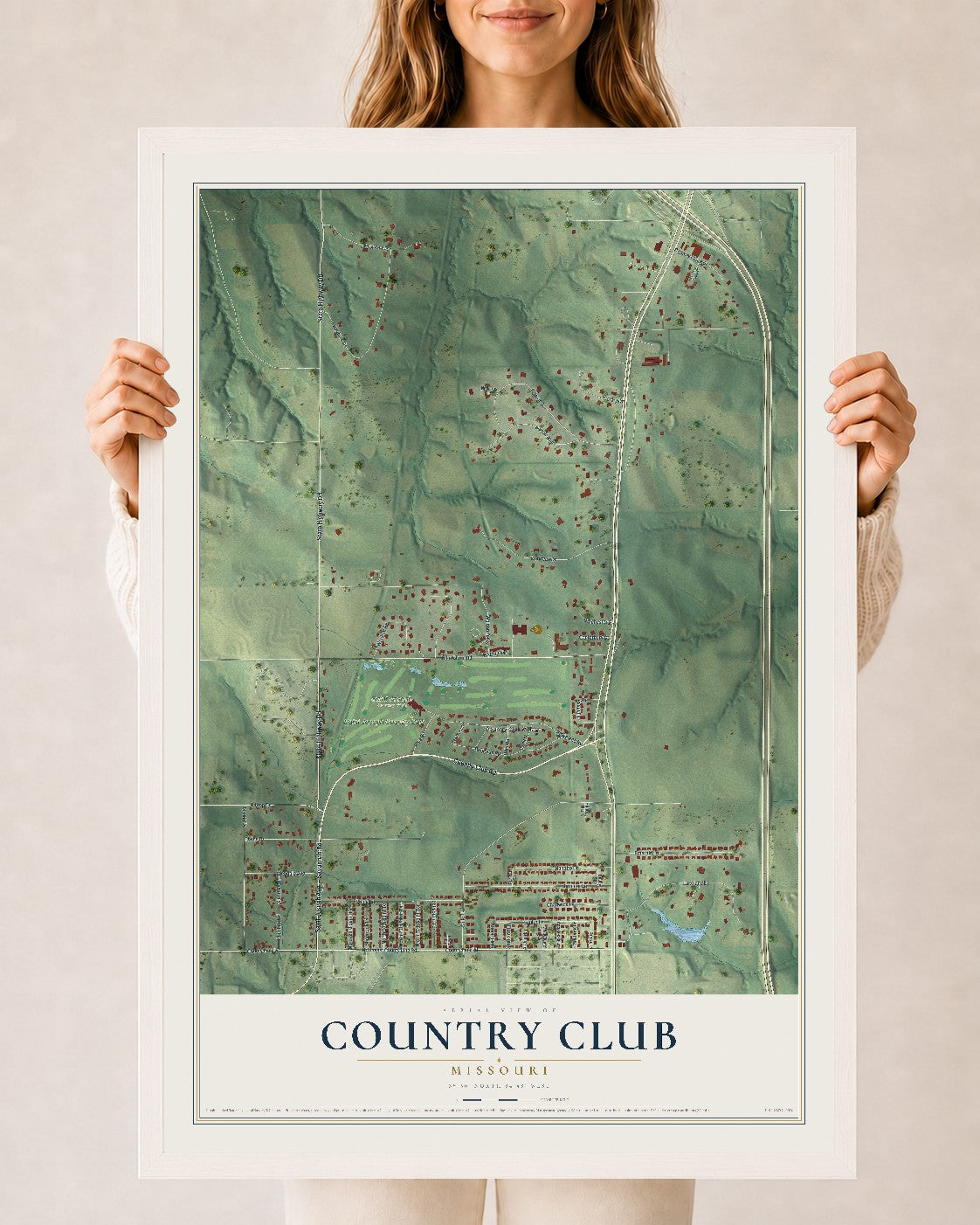 Map of Country Club, Missouri, 24 x 36 inch print in a white wood frame