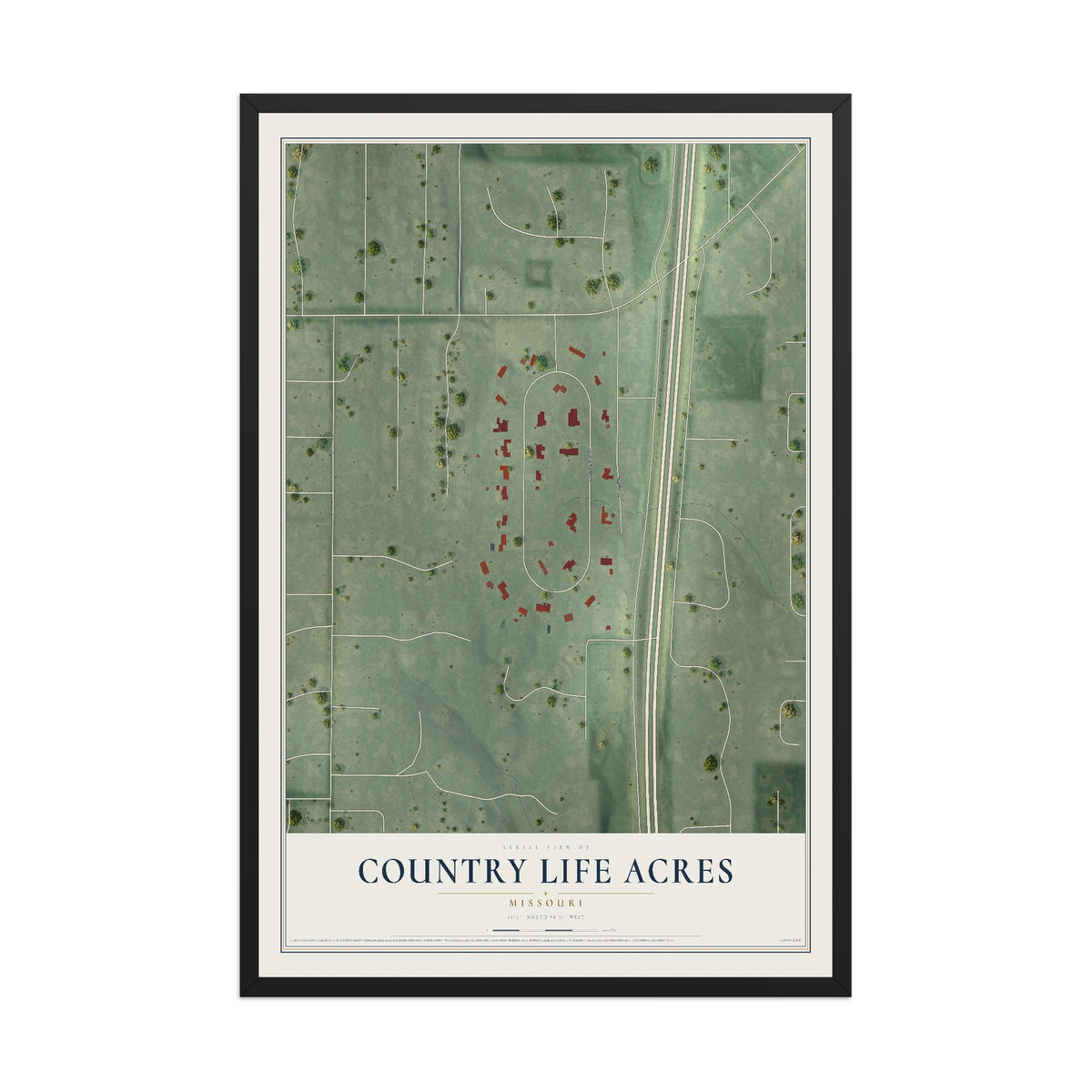 Map of Country Life Acres, Missouri, 12 x 18 inch print in a black wood frame