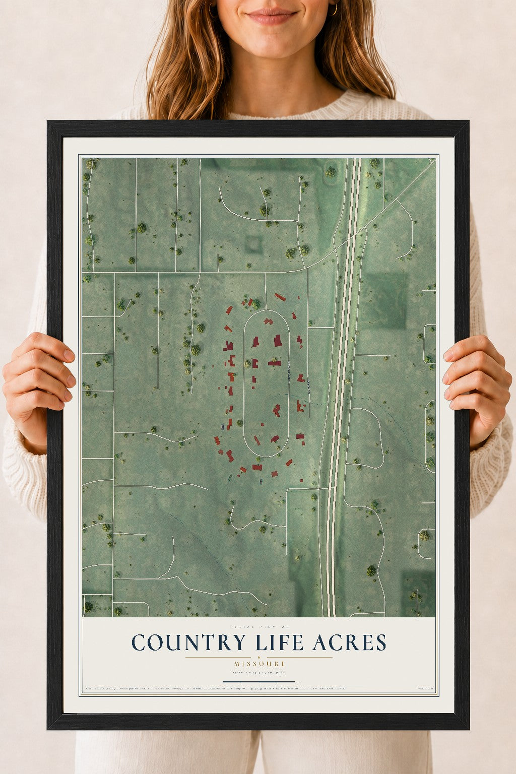 Map of Country Life Acres, Missouri, 18 x 24 inch print in a black wood frame