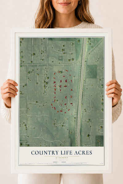 Map of Country Life Acres, Missouri, 18 x 24 inch print in a white wood frame