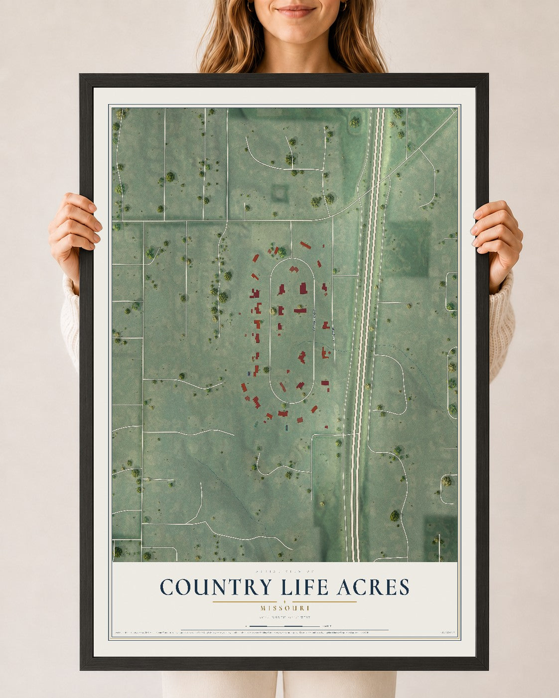 Map of Country Life Acres, Missouri, 24 x 36 inch print in a black wood frame
