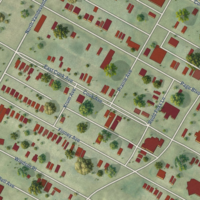 Close-up of the map of Covenant Blu-Grand Center, Missouri print showing street and building detail