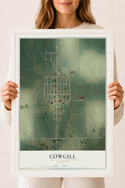 Map of Cowgill, Missouri, 18 x 24 inch print in a white wood frame