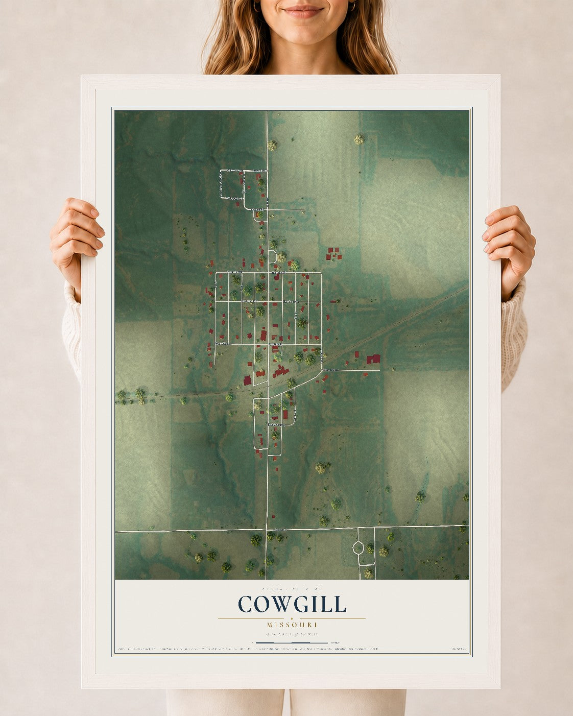 Map of Cowgill, Missouri, 24 x 36 inch print in a white wood frame