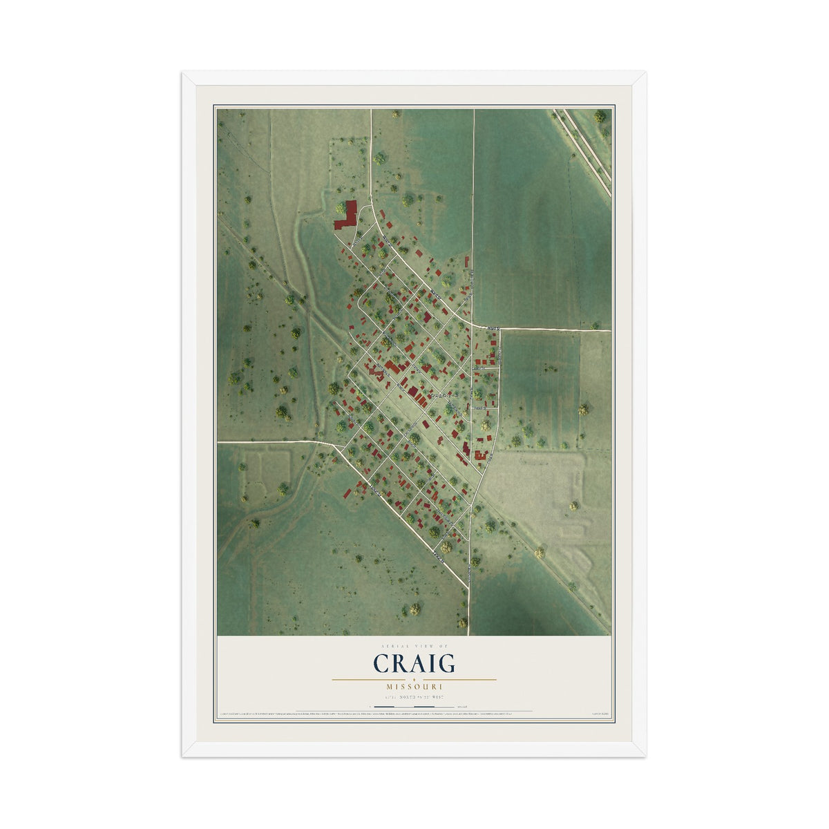 Map of Craig, Missouri, 12 x 18 inch print in a white wood frame
