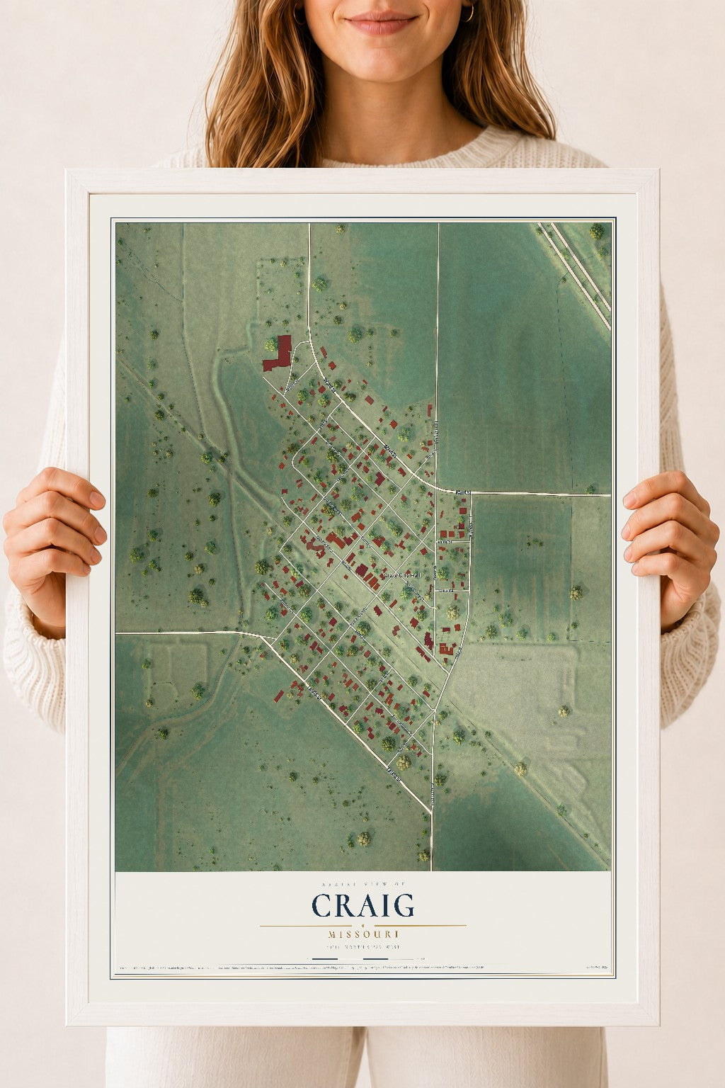 Map of Craig, Missouri, 18 x 24 inch print in a white wood frame