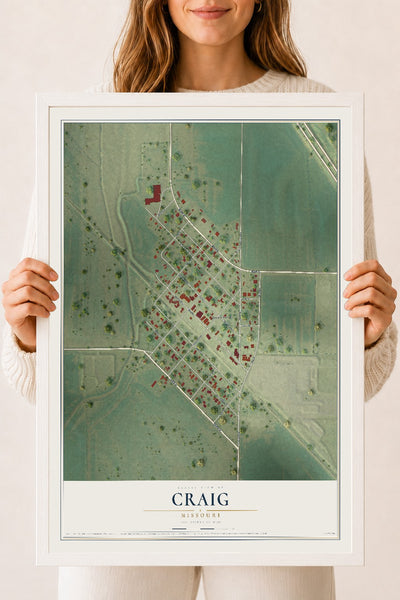Map of Craig, Missouri, 18 x 24 inch print in a white wood frame