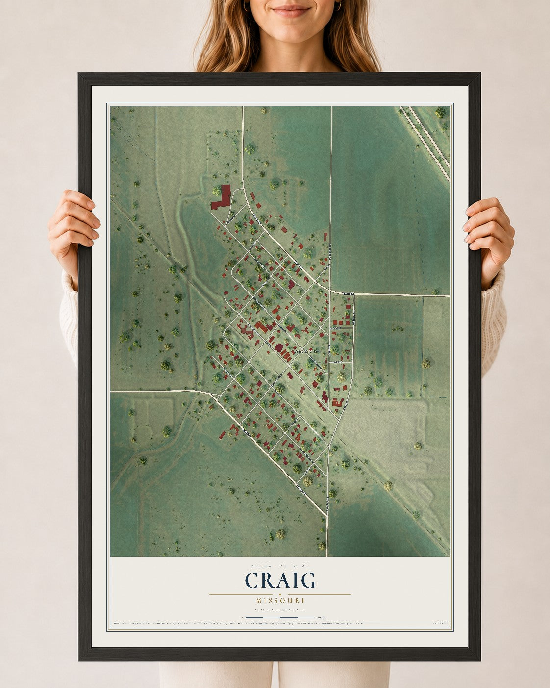 Map of Craig, Missouri, 24 x 36 inch print in a black wood frame