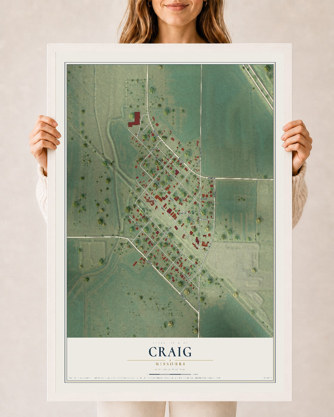 Map of Craig, Missouri, 24 x 36 inch print in a white wood frame