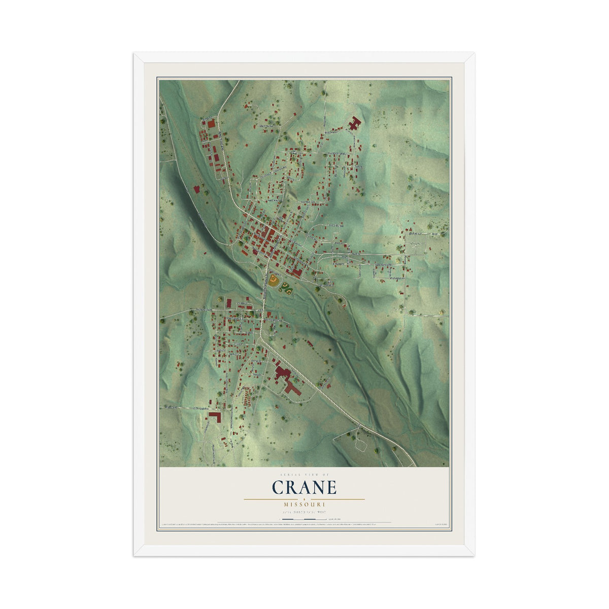 Map of Crane, Missouri, 12 x 18 inch print in a white wood frame