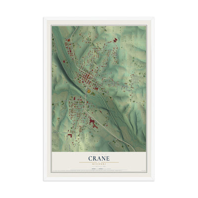 Map of Crane, Missouri, 12 x 18 inch print in a white wood frame