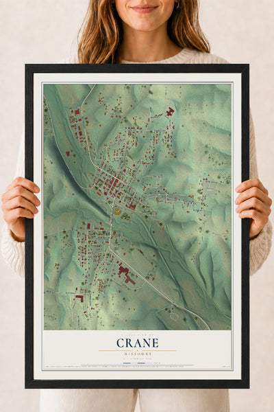 Map of Crane, Missouri, 18 x 24 inch print in a black wood frame