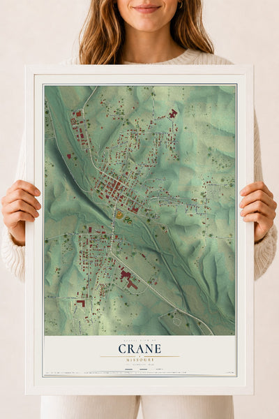 Map of Crane, Missouri, 18 x 24 inch print in a white wood frame