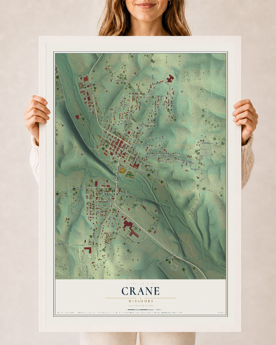 Map of Crane, Missouri, 24 x 36 inch print in a white wood frame