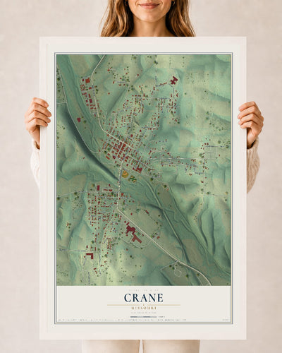 Map of Crane, Missouri, 24 x 36 inch print in a white wood frame