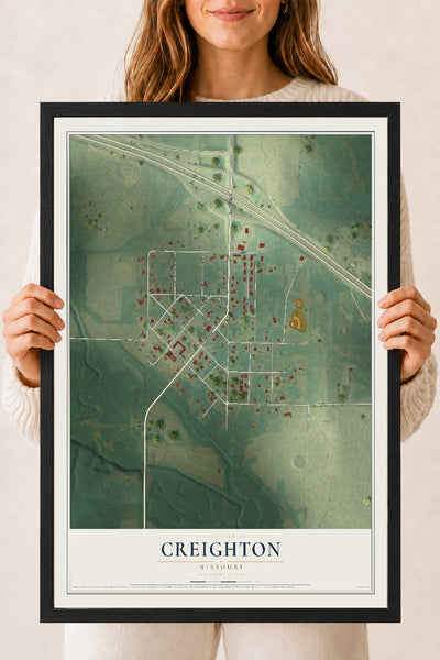 Map of Creighton, Missouri, 18 x 24 inch print in a black wood frame