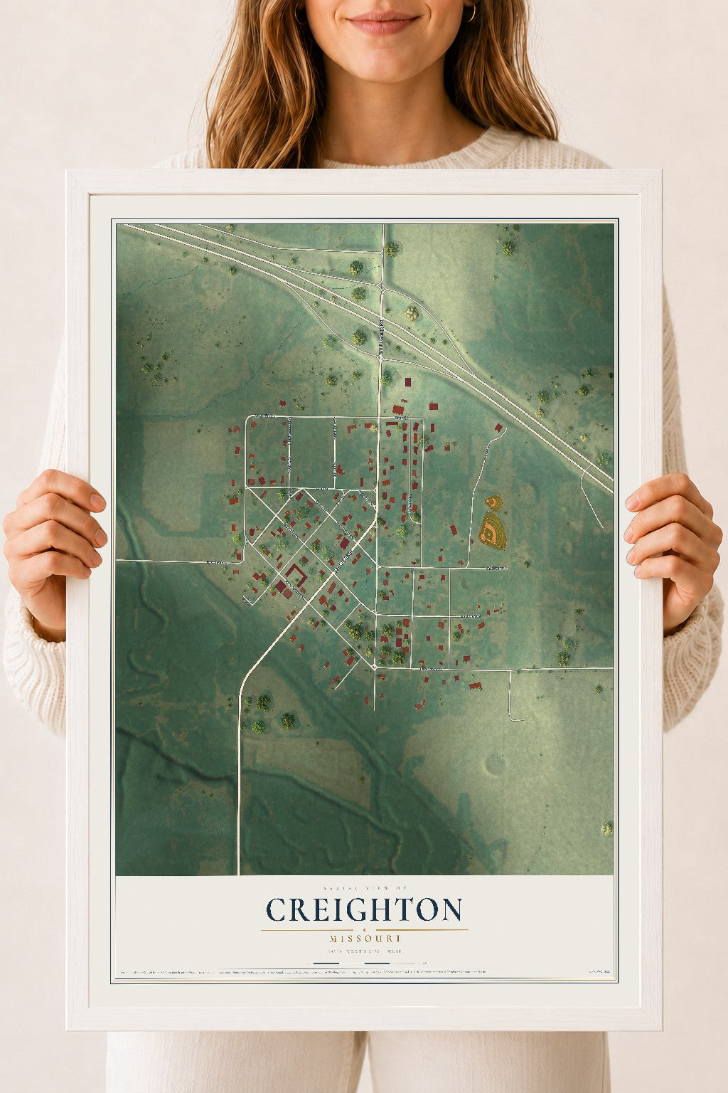 Map of Creighton, Missouri, 18 x 24 inch print in a white wood frame