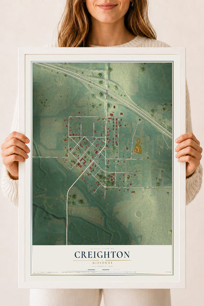 Map of Creighton, Missouri, 18 x 24 inch print in a white wood frame