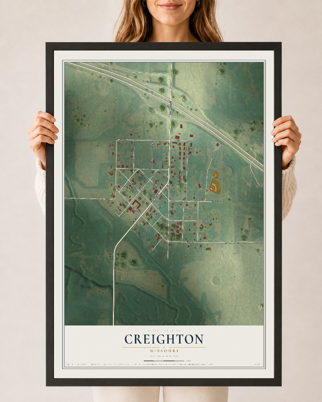 Map of Creighton, Missouri, 24 x 36 inch print in a black wood frame