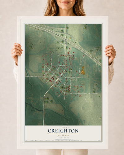 Map of Creighton, Missouri, 24 x 36 inch print in a white wood frame