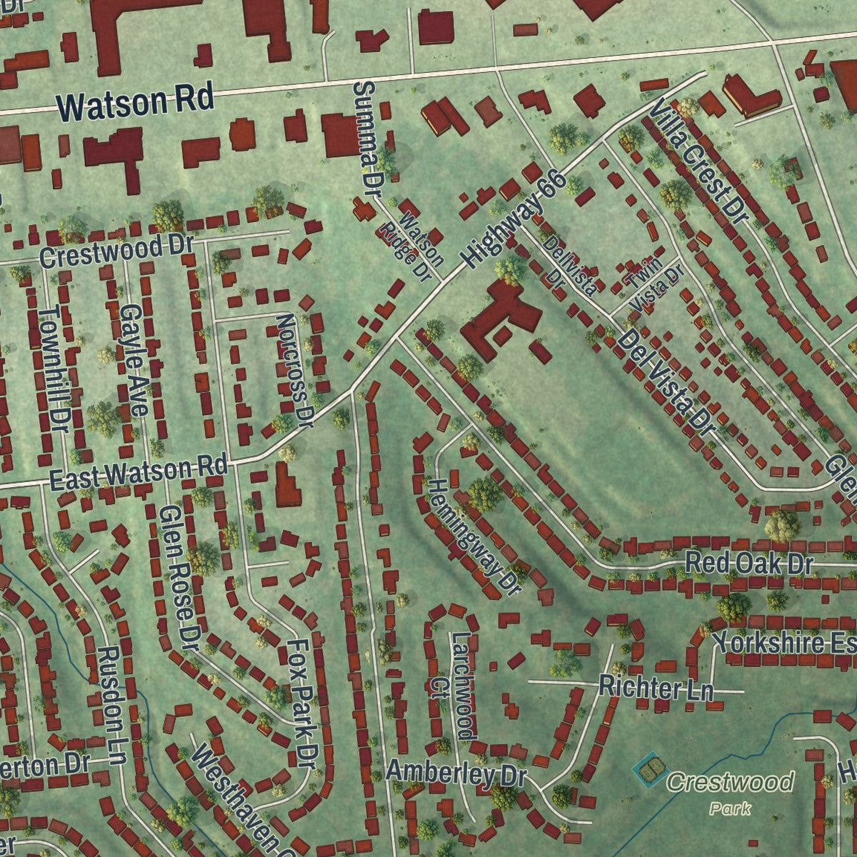 Close-up of the map of Crestwood, Missouri print showing street and building detail