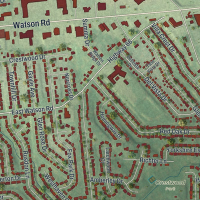 Close-up of the map of Crestwood, Missouri print showing street and building detail