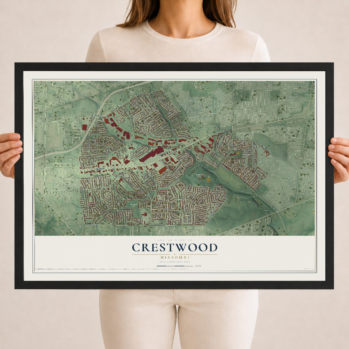 Map of Crestwood, Missouri, 18 x 24 inch print in a black wood frame