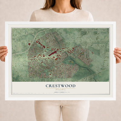 Map of Crestwood, Missouri, 18 x 24 inch print in a white wood frame