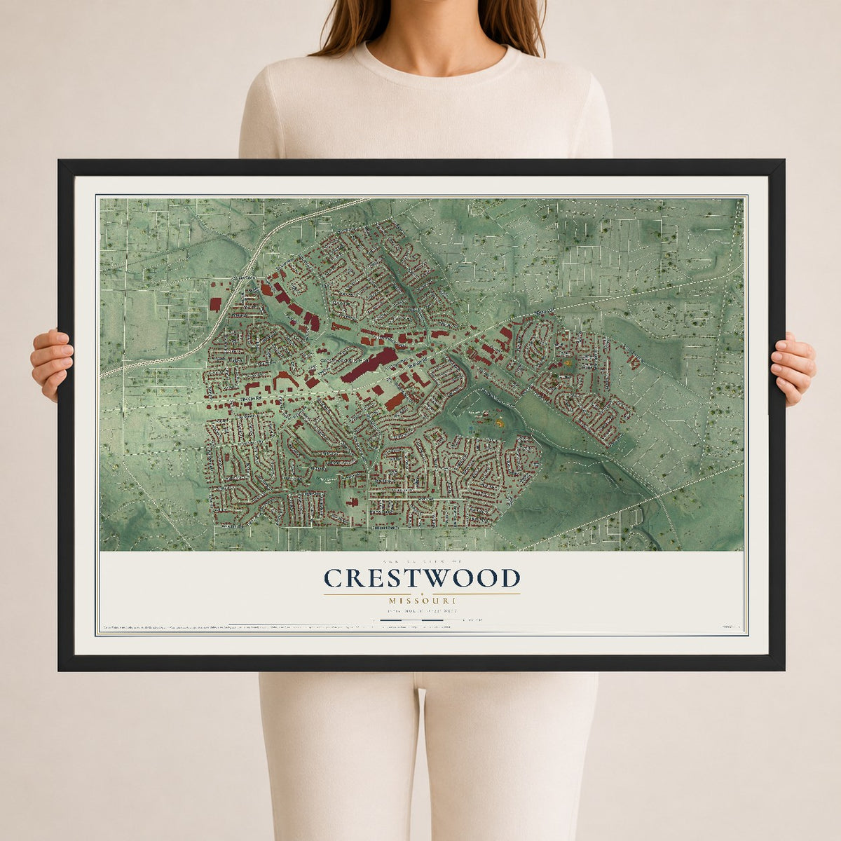 Map of Crestwood, Missouri, 24 x 36 inch print in a black wood frame
