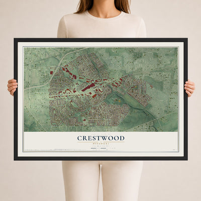 Map of Crestwood, Missouri, 24 x 36 inch print in a black wood frame