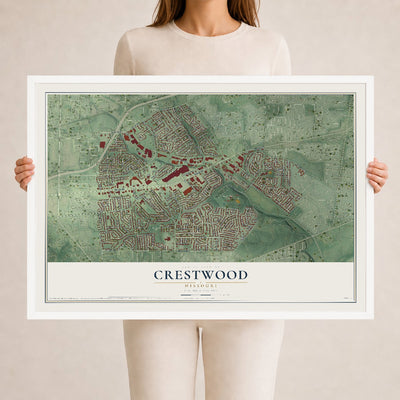 Map of Crestwood, Missouri, 24 x 36 inch print in a white wood frame