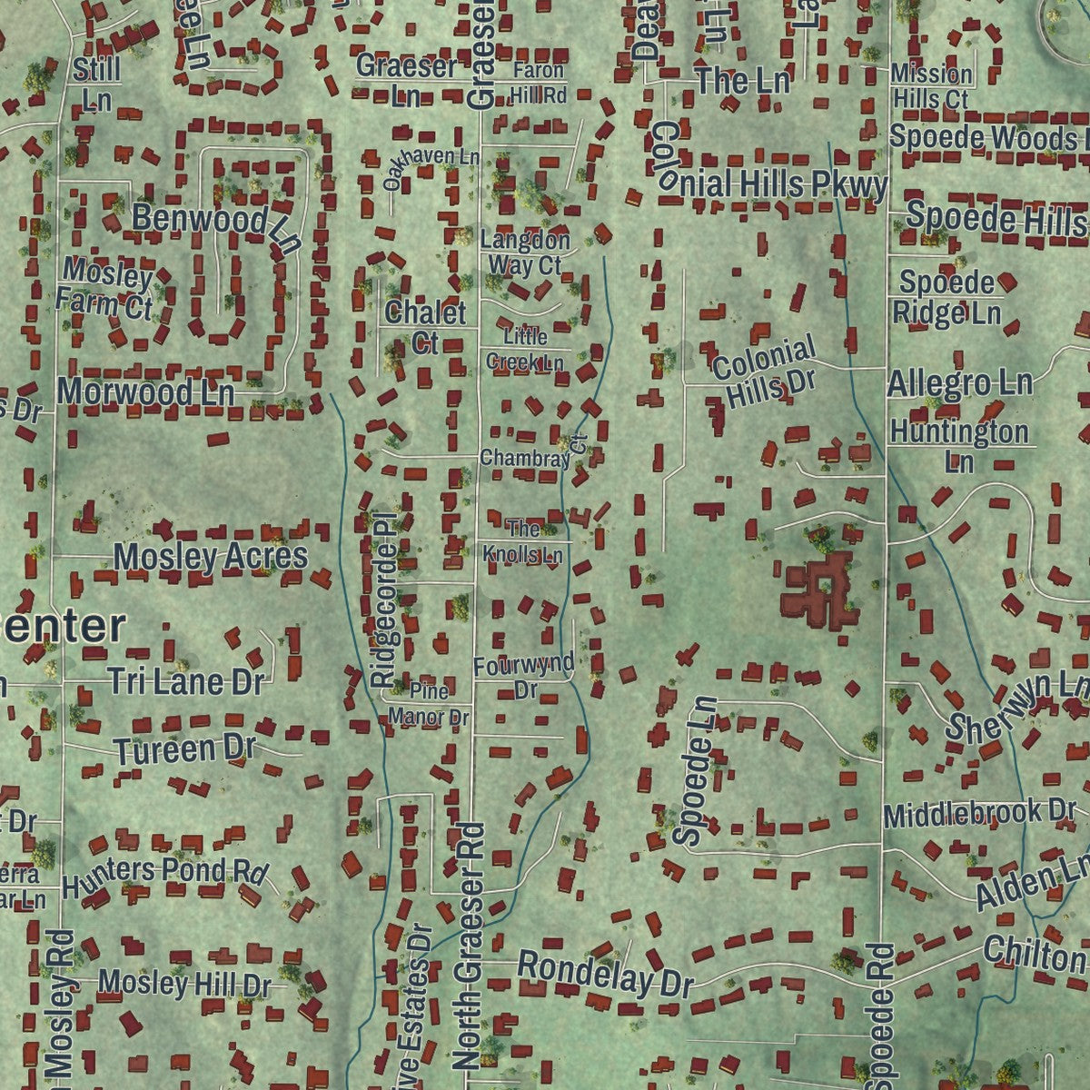 Close-up of the map of Creve Coeur, Missouri print showing street and building detail