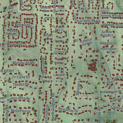 Close-up of the map of Creve Coeur, Missouri print showing street and building detail