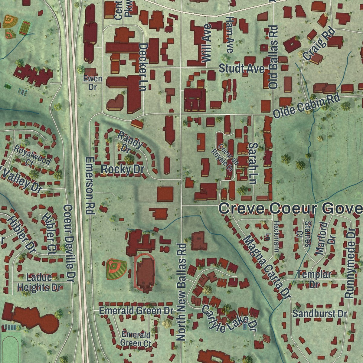 Second close-up of the map of Creve Coeur, Missouri print showing more streets and buildings